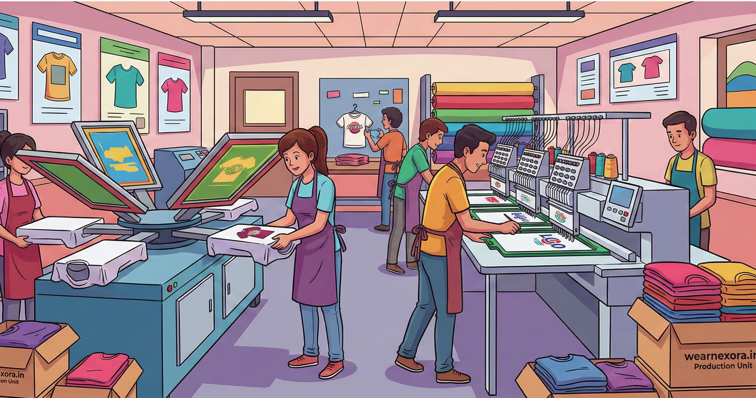 Closeup of garment printing and embroidery details